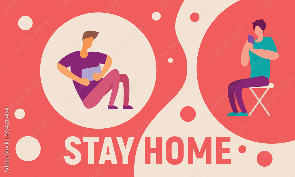 Stay home and talk with smartphone and read books. Vector concept with people on quarantine and self isolation talking with smartphone and read book