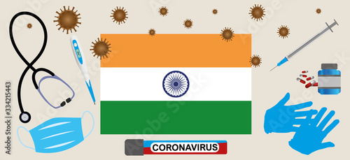 Vector illustration of a coronavirus epidemic in India.Protective mask, gloves, medicines and medical equipment.India flag and coronavirus blood sample.Coronavirus 2019-nCoV.Graphic element.