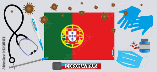 Vector illustration of a coronavirus epidemic in Portugal.Protective mask, gloves, medicines and medical equipment.Portugal flag  and coronavirus blood sample.Coronavirus 2019-nCoV.Graphic element.