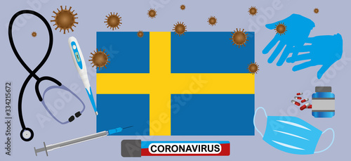 Vector illustration of a coronavirus epidemic in Sweden.Protective mask, gloves, medicines and medical equipment.Sweden flag  and coronavirus blood sample.Coronavirus 2019-nCoV.Graphic element.