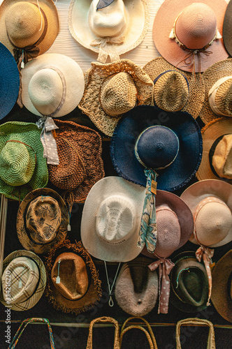 Summer hats, straw hats in stall