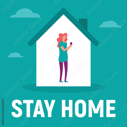 Woman in the house is inside communicate with family, use social network, read text. Vector concept with Woman on quarantine and self isolation communicate with family, use social network. Stay home