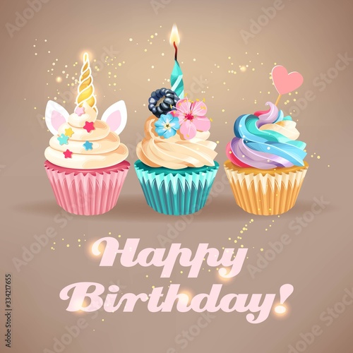 Vector birthday card with cute cupcake and sparkle