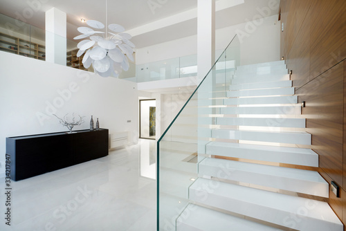 Apartment entrance hall with wooden staircase access to upper floor, design, furniture, home, modern, sea, wooden