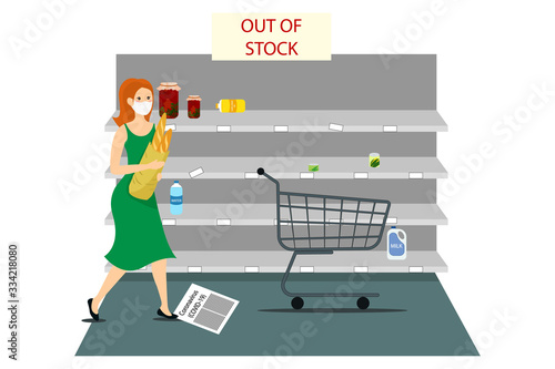 Panic in a supermarket due to coronavirus. A girl with a grocery bag walks past empty shelves in a store. On the shelves there are no products and an empty trolley