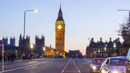 LONDON, UK,  Traffic on Westminster bridge with Big Ben and houses of Parliament, Timelapse, 