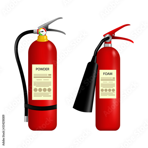 Fire Extinguisher Vector. Burning Fire Flame. Fire extinguisher vector fire-extinguisher for safety and protection to extinguish fire illustration set