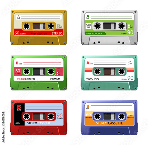 Vintage music cassettes. Retro dj sound tape, 1980s rave party stereo mix. 90s hifi disco dance audiocassette, analogue player record cassette. Isolated symbols vector set