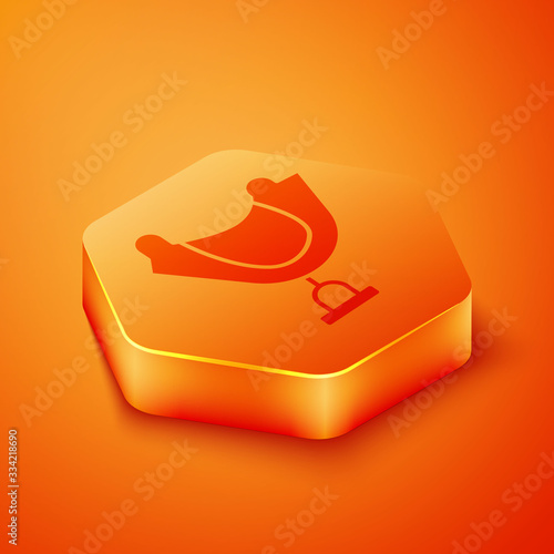 Isometric Wild west saddle icon isolated on orange background. Orange hexagon button. Vector Illustration