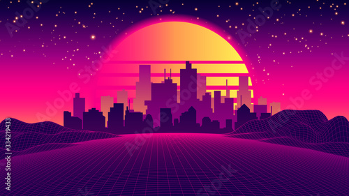 Sci-fi Vector Background, Night City Skyline in the Style of Retro Waves, Synth 80s Design. Futuristic Vector Illustration Geometric Style, Tropical Night Retro 80s Fashion Sci-Fi Background Landscape