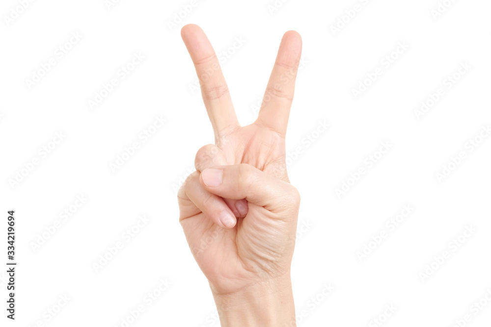 Woman's hand showing the sign of victory and peace close-up isolated on white background. Woman's hand showing the sign of victory and peace close-up isolated on white background.