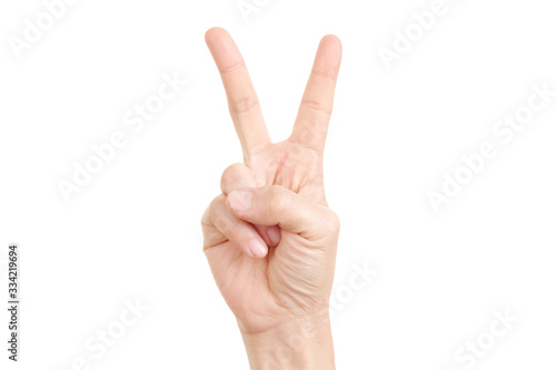 Woman's hand showing the sign of victory and peace close-up isolated on white background.
