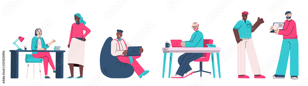 People characters work in coworking place, cartoon vector illustration isolated.