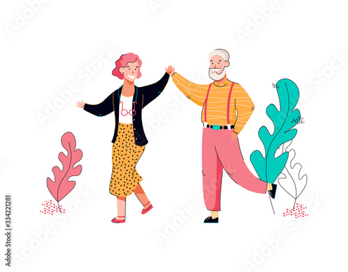 Senior grandmother and grandfather dancing cartoon vector illustration isolated.