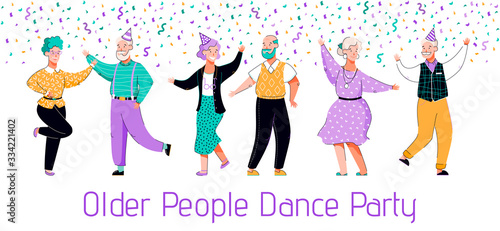 Old people dance party - flat banner with cartoon senior couples dancing