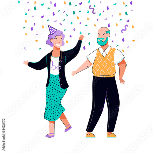 Cartoon old couple celebrating event with confetti and party hat