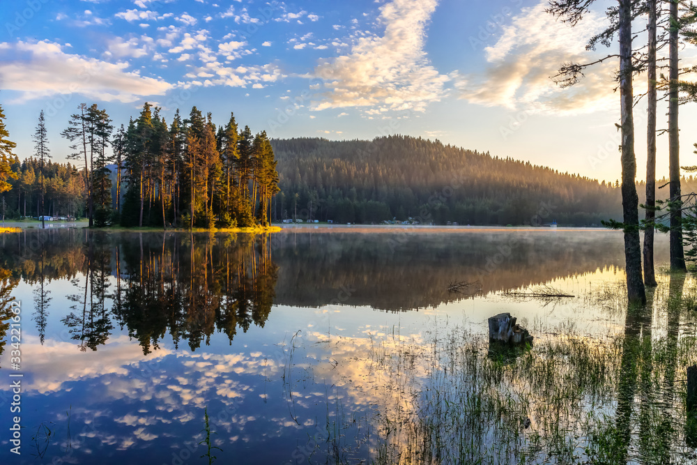 Sunrise at Shiroka polyana dam, West Rhodope mountains, Bulgaria