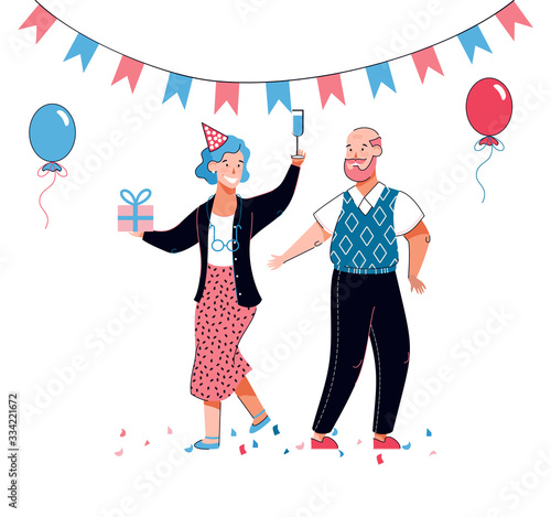 Senior old couple at birthday celebration with party hat, balloons, gift box