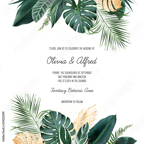 Paradise plants, greenery and palm card. Stylish fashion frame.