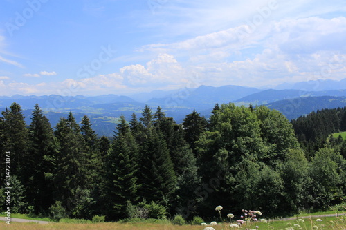 Beautiful green Alp mountains and hills from Pfaender Mountain in Bregenz, Vorarlberg, Austria. photo