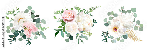Blush pink rose and sage greenery, ivory peony, hydrangea, ranunculus flowers