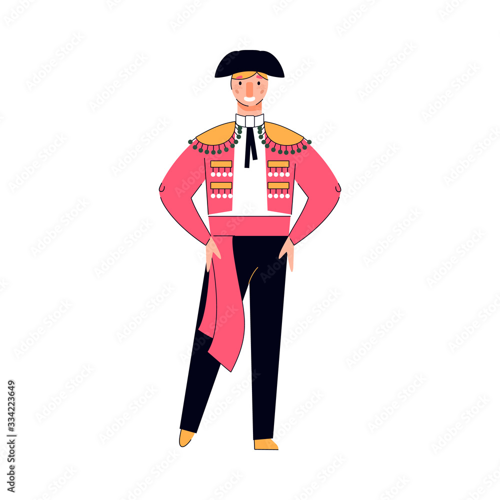 Cartoon man in musketeer costume and hat standing