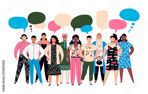 Diversity crowd - diverse group of cartoon people with speech bubbles