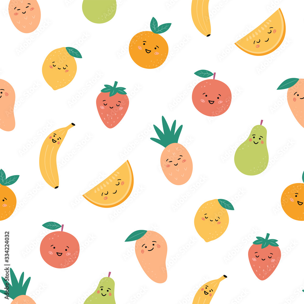 Seamless pattern with funny fruits. Kawaii smiling fruit characters. Hand drawn vector illustration on white background Seamless pattern with funny fruits. Kawaii smiling fruit characters. Hand drawn vector illustration on white background