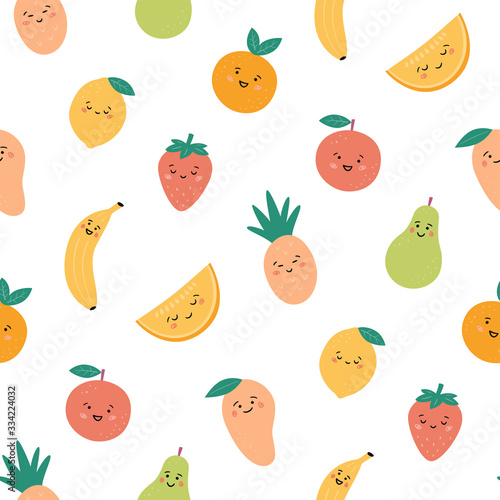 Fototapeta Naklejka Na Ścianę i Meble -  Seamless pattern with funny fruits. Kawaii smiling fruit characters. Hand drawn vector illustration on white background