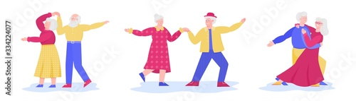 Senior couple dance move set - cartoon old man and woman dancing