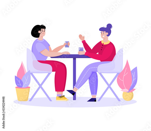 Two women in cafe talking and having drinks - female cartoon friends