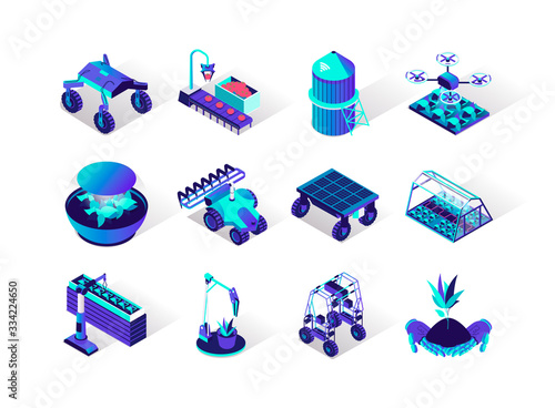 Agriculture robotisation isometric icons set. Growing seedling, hydroponic, spray chemical and harvesting automation. Smart robotic farmers in agriculture, futuristic technology 3d vector isometry.