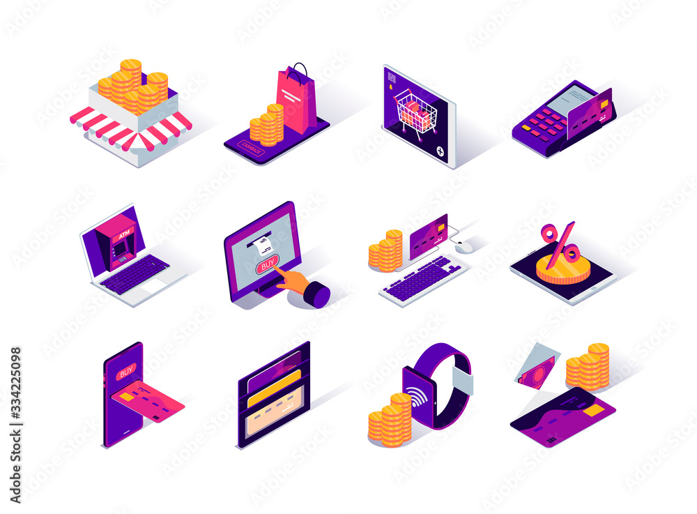 Ecommerce platform isometric icons set. Online banking and money transfer, ecommerce website service. Payment by smartphone, smartwatch, laptop and atm terminal. Online shopping 3d vector isometry. Ecommerce platform isometric icons set. Online banking and money transfer, ecommerce website service. Payment by smartphone, smartwatch, laptop and atm terminal. Online shopping 3d vector isometry.