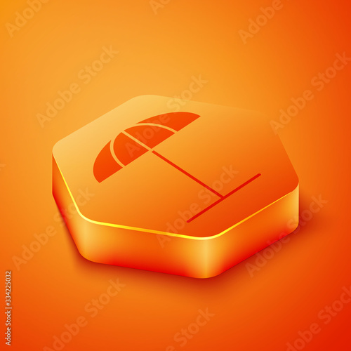 Isometric Sun protective umbrella for beach icon isolated on orange background. Large parasol for outdoor space. Beach umbrella. Orange hexagon button. Vector Illustration