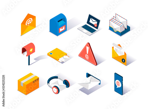 Email service provider isometric icons set. Delivery box, mail envelope, postbox, mobile application for online messaging. Email subscribe, online newsletter and internet marketing 3d vector isometry.