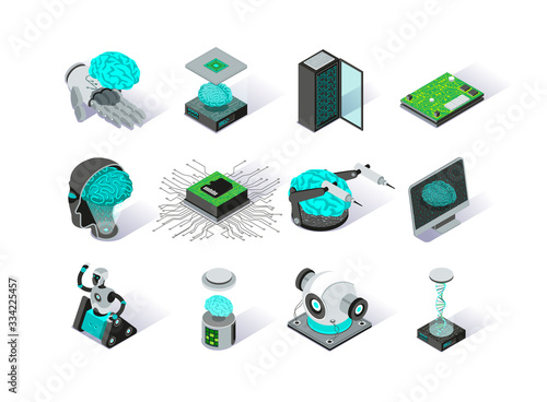 Artificial intelligence isometric icons set. Deep learning modern technology pictograms. Futuristic cyber innovation and brain engineering. Machine learning and neural network 3d vector isometry.
