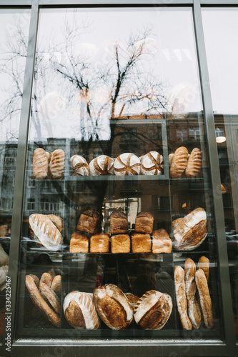 Baked bread in a bakery window