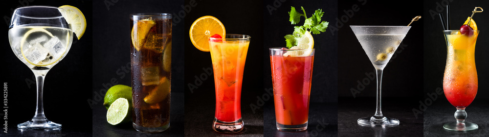 Collage of different cocktails on black background - obrazy, fototapety, plakaty 
