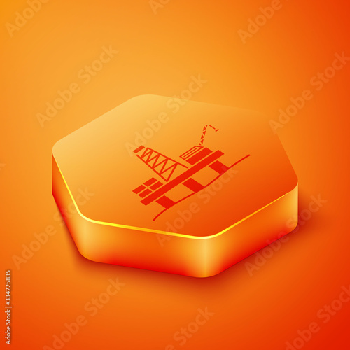 Isometric Oil platform in the sea icon isolated on orange background. Drilling rig at sea. Oil platform, gas fuel, industry offshore. Orange hexagon button. Vector Illustration