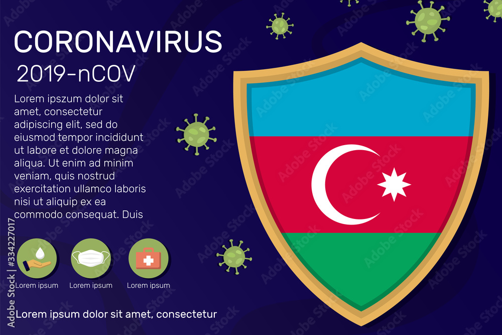 Shield covering and protecting of Azerbaijan. Conceptual banner, poster, advisory steps to follow during the outbreak of Covid-19, coronavirus. Do not panic stop corona virus together