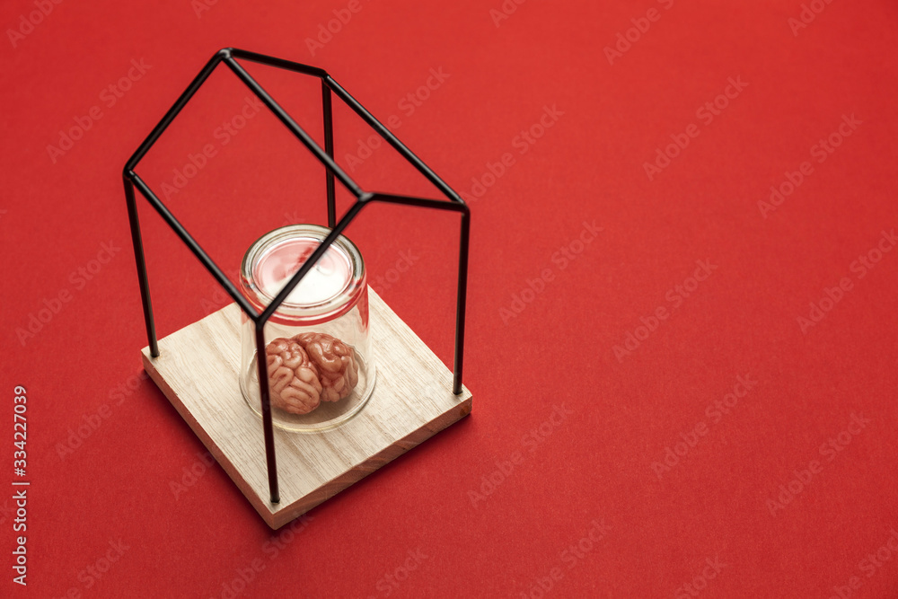 Human brain under glass flask isolated in house on red background. Self-closure, stress and depression. lack of communication and new information for thinking. Human brain under glass flask isolated in house on red background. Self-closure, stress and depression. lack of communication and new information for thinking.