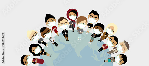 People of different nationalities in medical face masks on the globe. Cartoon illustration on coronavirus theme.