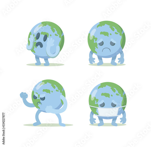 Earth globe cartoon character in different poses, set of four. Covid 19 concept. Flat vector illustration, isolated on white background.