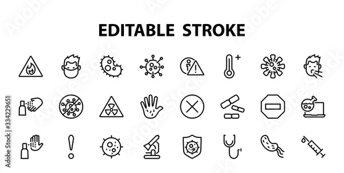 CORONAVIRUS a set of icons on the theme of Coronavirus, contains such icons as nucleation, hand washing, mask, bacteria, sneezing, Editable stroke, on a white background