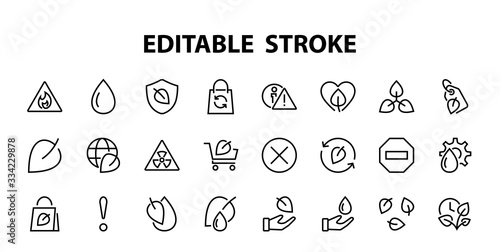Ecology Icon Set, Vector lines, contains icons such as photosynthesis, Enviroment protection, Eco-friendly package, growth time, Editable stroke, perfect 48x48 pixels, White background