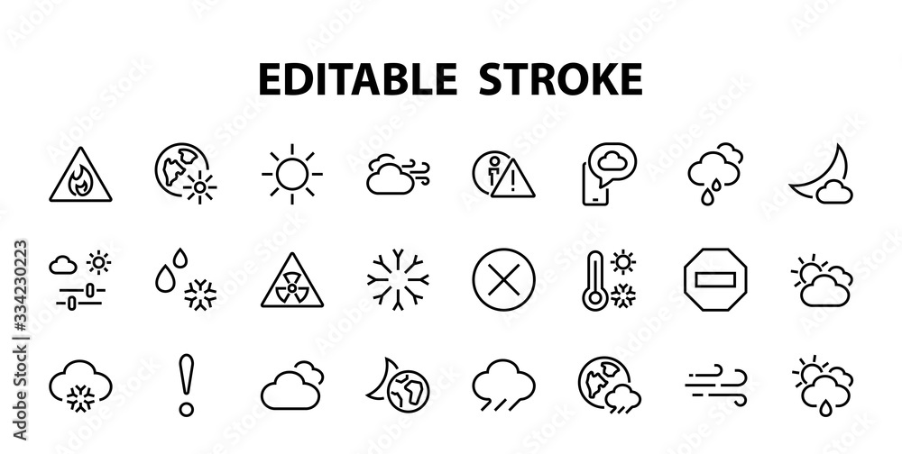 WEATHER set of icons, icons such as weather forecast and clouds, wind, rain, snow, weather settings and sunny weather and much more. Editable stroke, simple vector lines