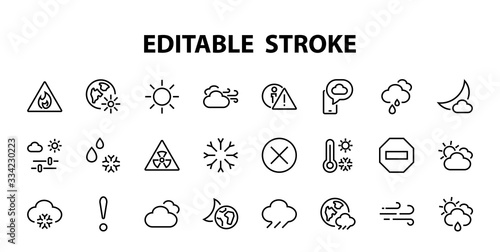 WEATHER set of icons, icons such as weather forecast and clouds, wind, rain, snow, weather settings and sunny weather and much more. Editable stroke, simple vector lines