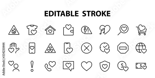  The set of icons about love contains such icons as love of music, declaration of love, heart, favorite home, Linear set. Vector on a white background. Editable stroke. 480x480