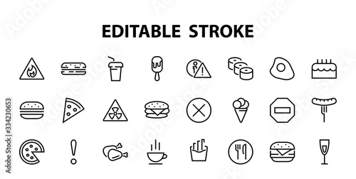   A simple set of fast food icons related to the vector line. Contains icons such as pizza, burger, sushi, bike, scrambled eggs and more. EDITABLE stroke. 480x480 pixels perfect, EPS 10