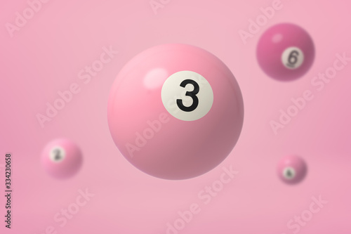 3d rendering of pastel pink snooker balls floating in air on pastel pink background.